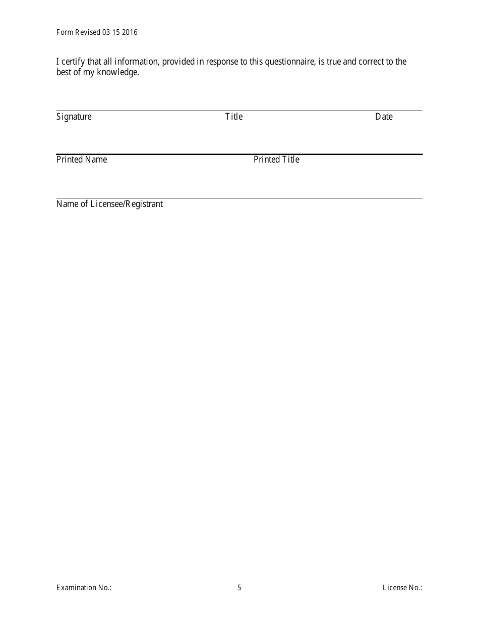 Servicing Only Officer / Manager Questionnaire Form - Michigan, Page 5