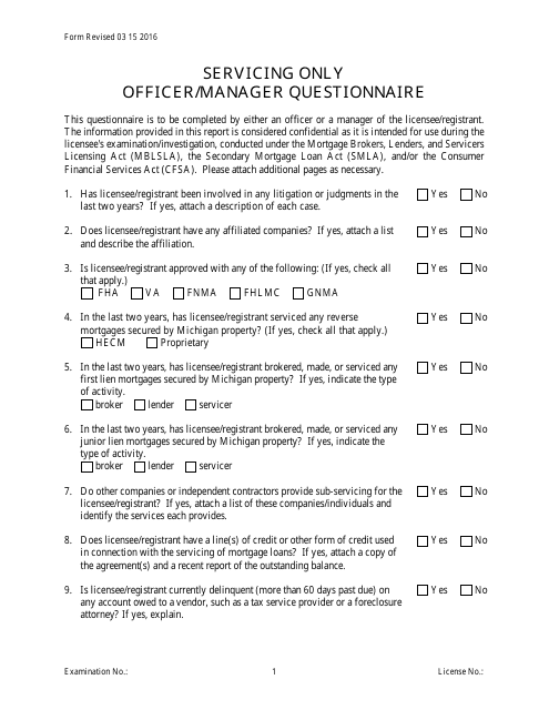 Servicing Only Officer / Manager Questionnaire Form - Michigan Download Pdf