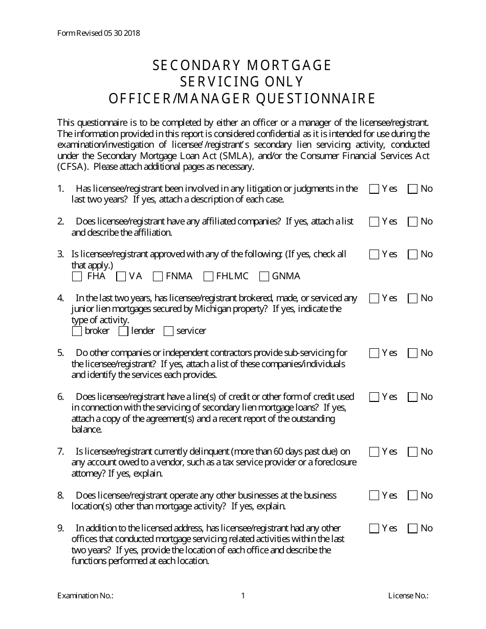 Secondary Mortgage Pre-examination Questionnaire - Servicer Only - Michigan, Page 1