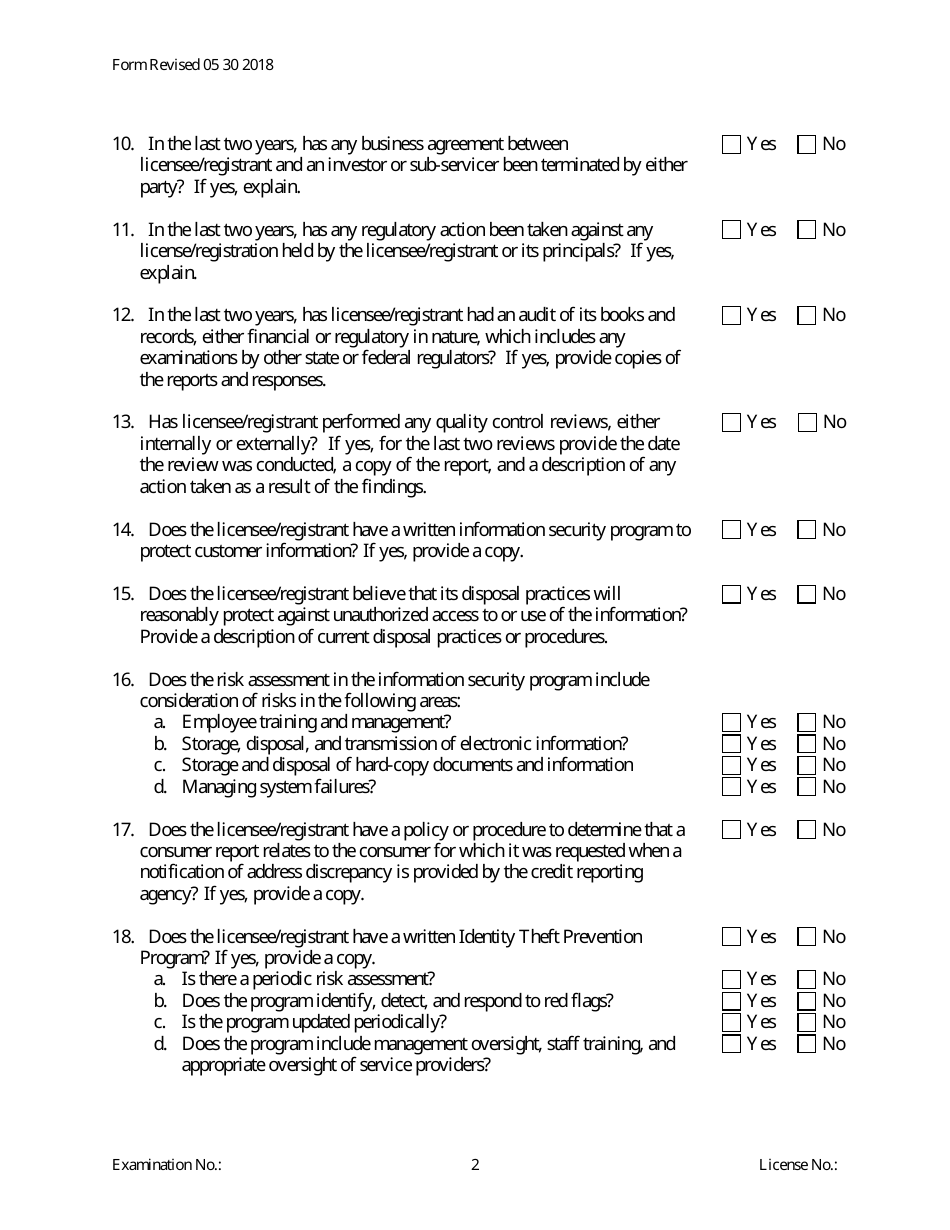 Secondary Mortgage Pre-examination Questionnaire - Servicer Only - Michigan, Page 2