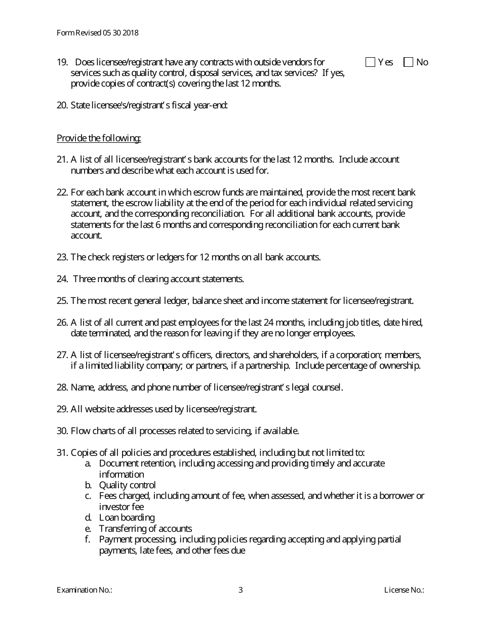 Secondary Mortgage Pre-examination Questionnaire - Servicer Only - Michigan, Page 3