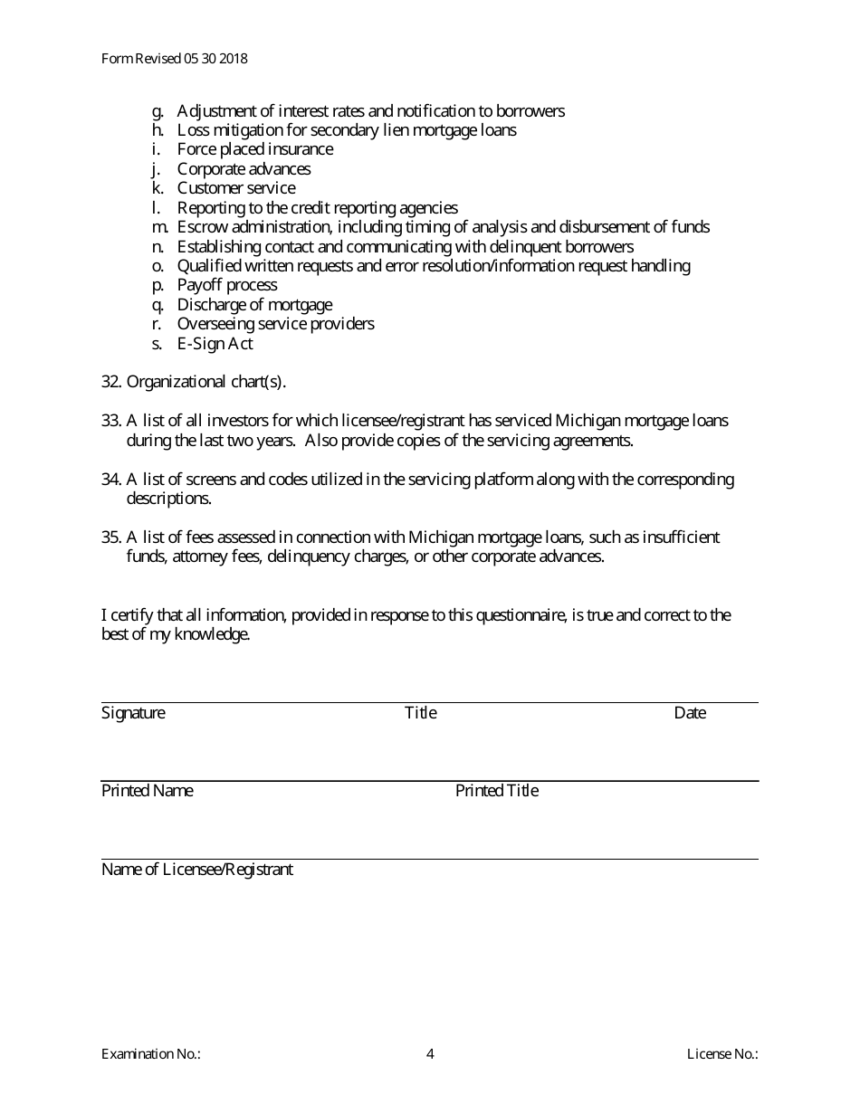 Secondary Mortgage Pre-examination Questionnaire - Servicer Only - Michigan, Page 4