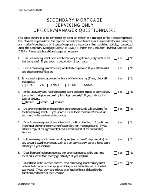 Secondary Mortgage Pre-examination Questionnaire - Servicer Only - Michigan Download Pdf