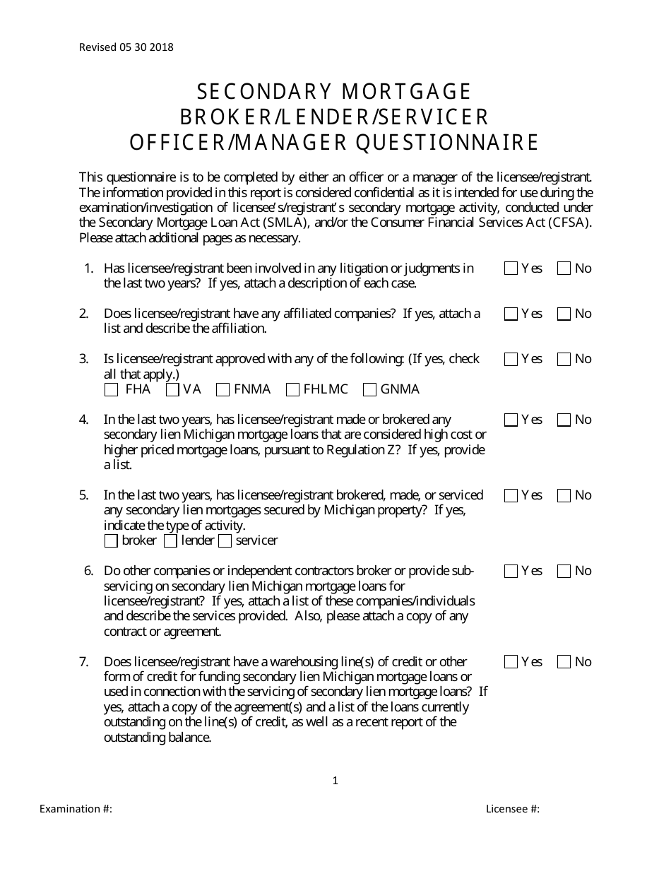 Secondary Mortgage Broker / Lender / Servicer Officer / Manager Questionnaire Form - Michigan, Page 1