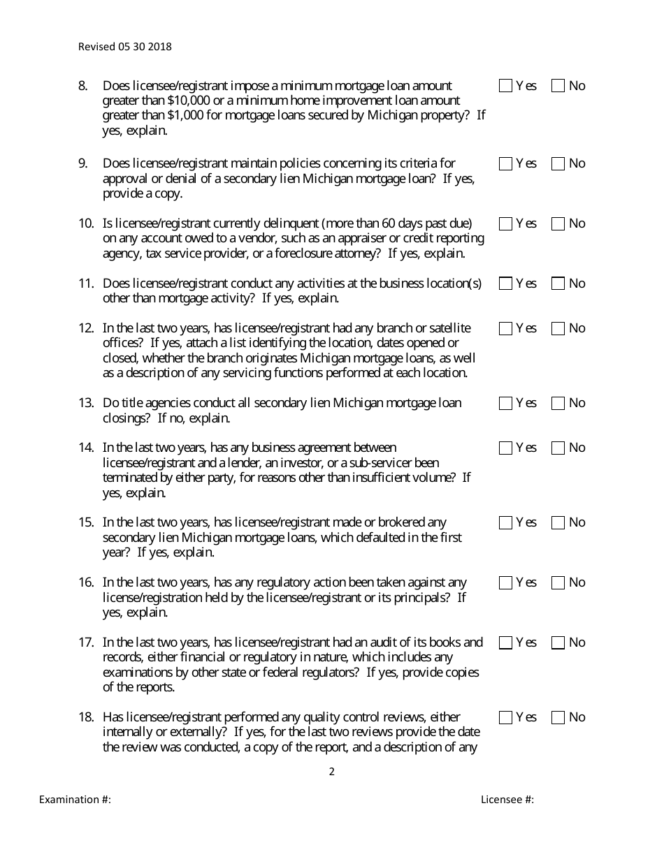 Secondary Mortgage Broker / Lender / Servicer Officer / Manager Questionnaire Form - Michigan, Page 2