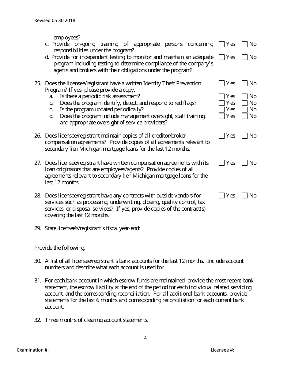 Secondary Mortgage Broker / Lender / Servicer Officer / Manager Questionnaire Form - Michigan, Page 4