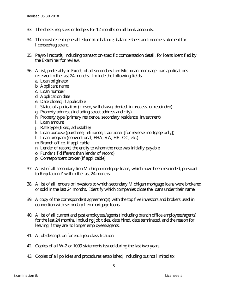 Secondary Mortgage Broker / Lender / Servicer Officer / Manager Questionnaire Form - Michigan, Page 5