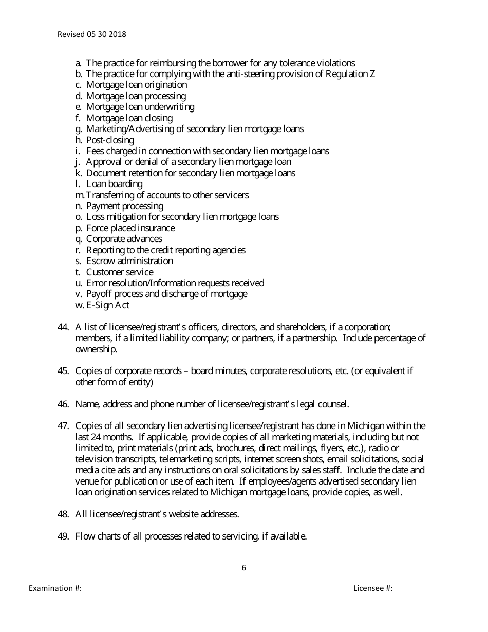 Secondary Mortgage Broker / Lender / Servicer Officer / Manager Questionnaire Form - Michigan, Page 6