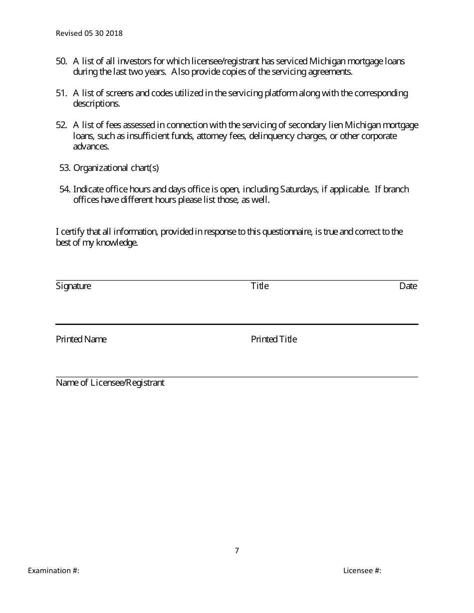 Secondary Mortgage Broker / Lender / Servicer Officer / Manager Questionnaire Form - Michigan, Page 7