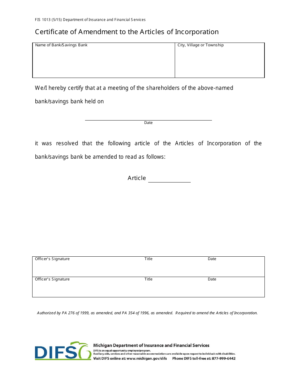 Form FIS1013 Certificate of Amendment to the Articles of Incorporation - Michigan, Page 1