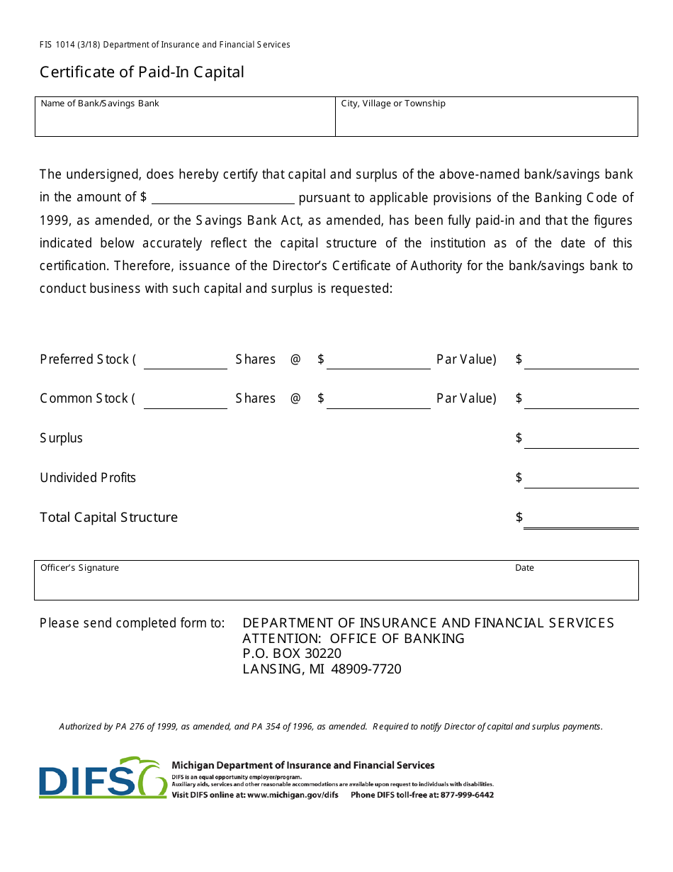 Form FIS1014 Certificate of Paid-In Capital - Michigan, Page 1
