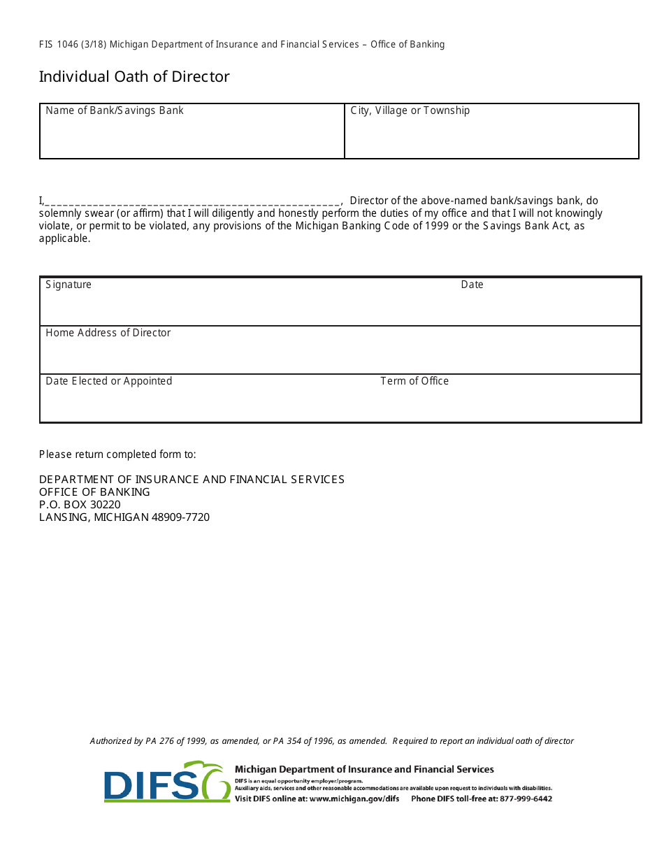 Form FIS1046 Individual Oath of Director - Michigan, Page 1