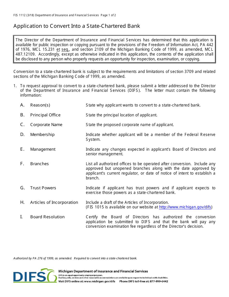 Form FIS1112 Application to Convert Into a State-Chartered Bank - Michigan, Page 1