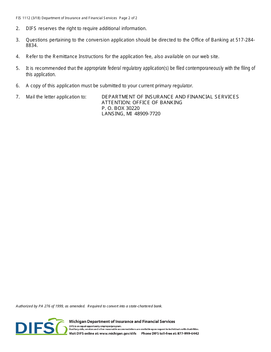 Form FIS1112 Application to Convert Into a State-Chartered Bank - Michigan, Page 2