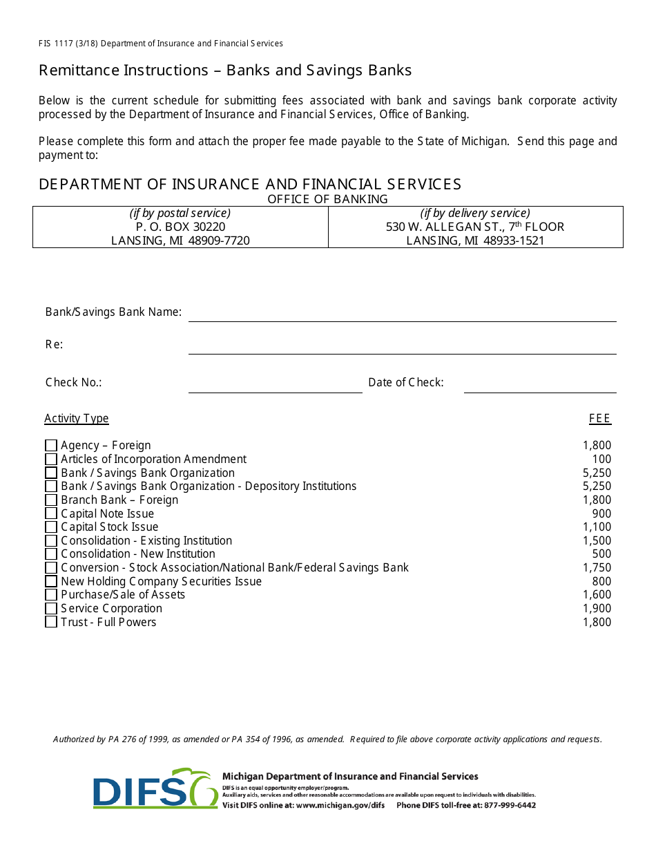 Form FIS1117 Remittance Instructions - Banks and Savings Banks - Michigan, Page 1