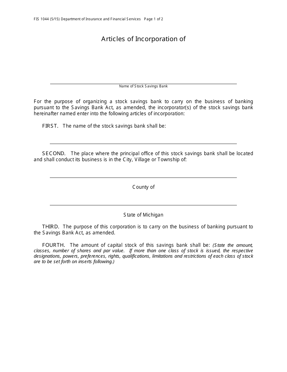 Form FIS1044 Articles of Incorporation - Stock Savings Bank - Michigan, Page 1