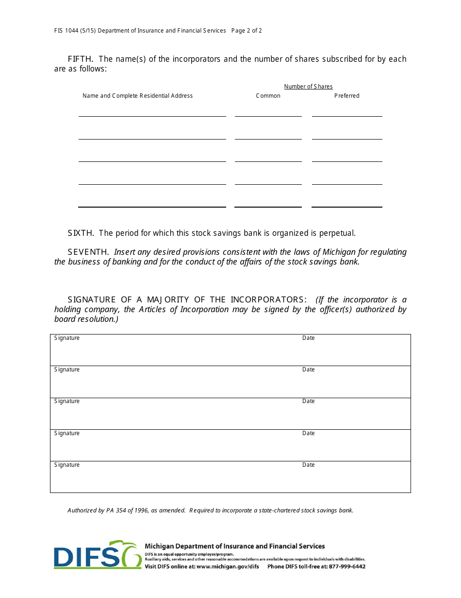 Form FIS1044 Articles of Incorporation - Stock Savings Bank - Michigan, Page 2