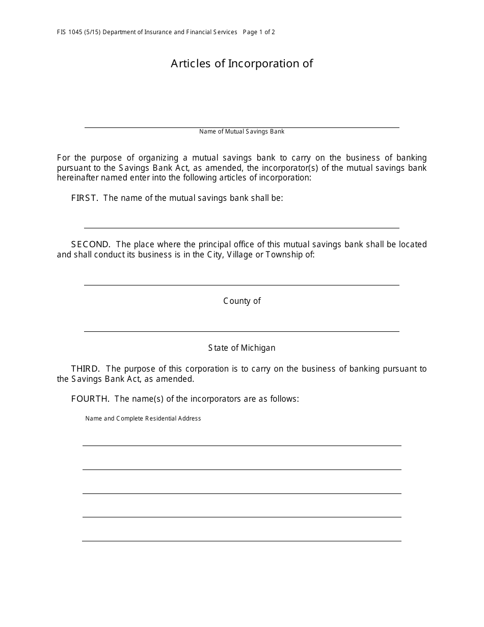 Form FIS1045 Articles of Incorporation - Mutual Savings Bank - Michigan, Page 1