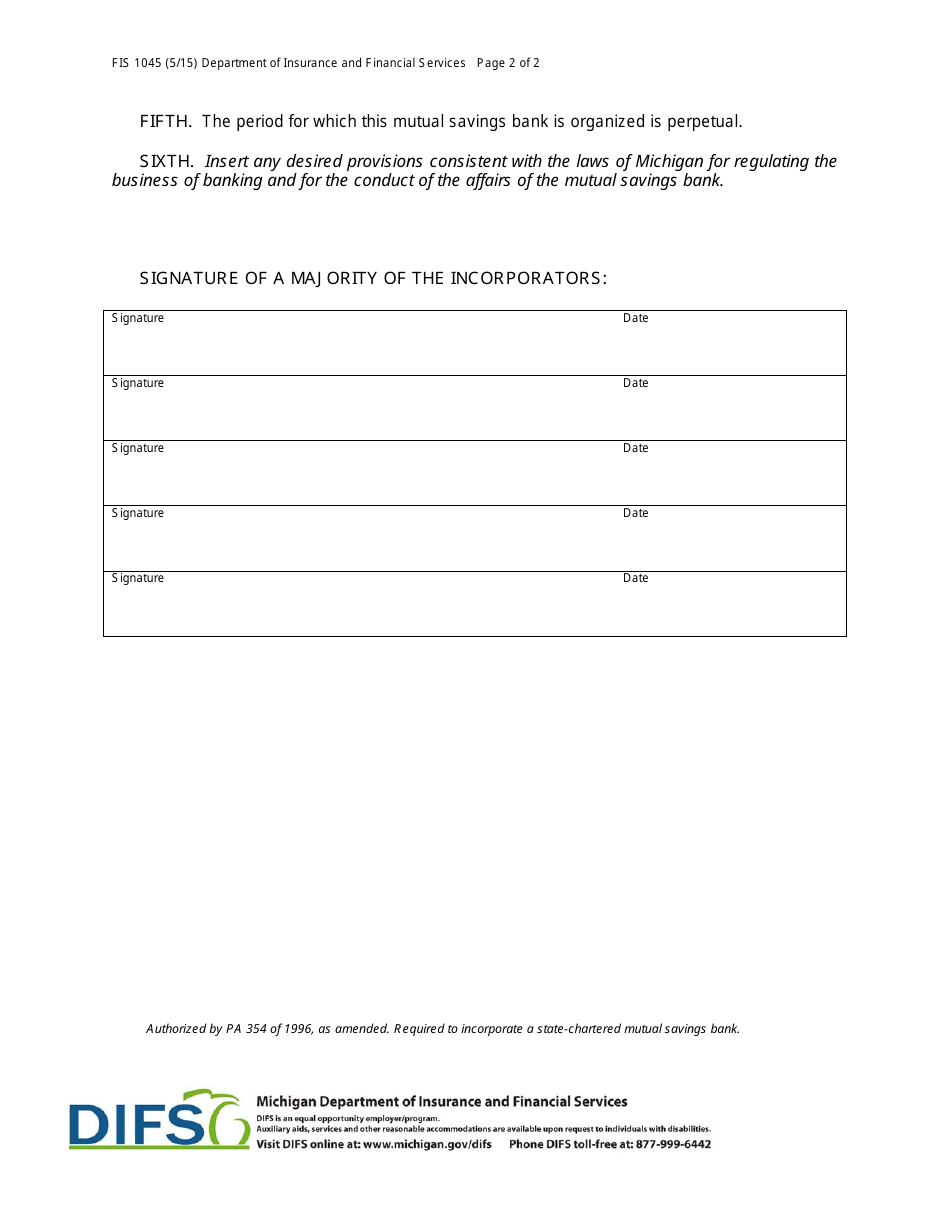 Form FIS1045 Articles of Incorporation - Mutual Savings Bank - Michigan, Page 2