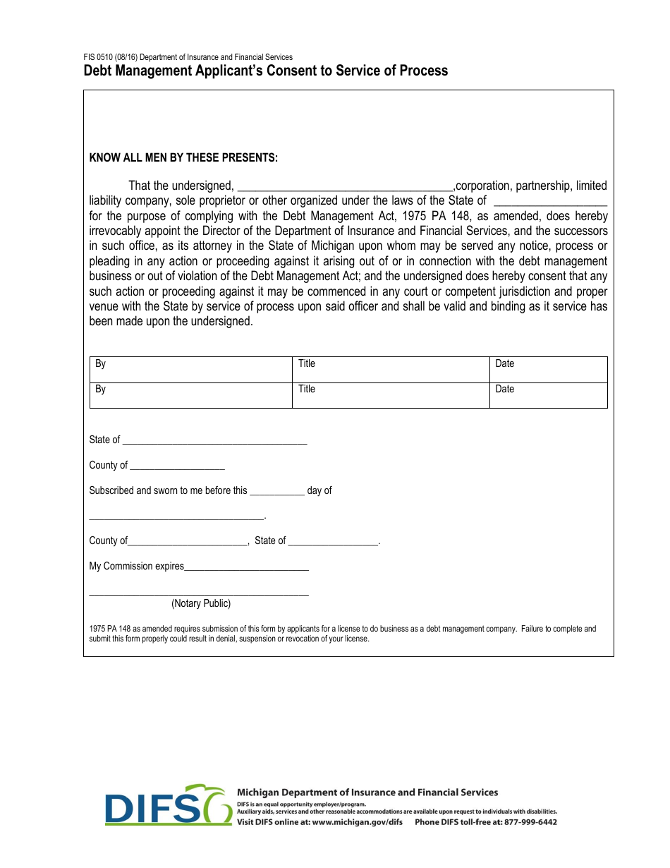 Form FIS0510 Debt Management Applicant's Consent to Service of Process - Michigan, Page 1