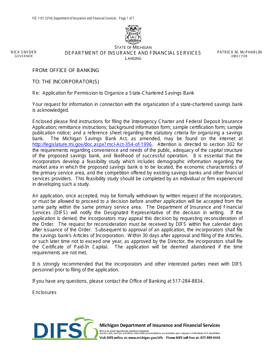 Form FIS1101 Application for Permission to Organize a State-Chartered Savings Bank - Michigan, Page 1