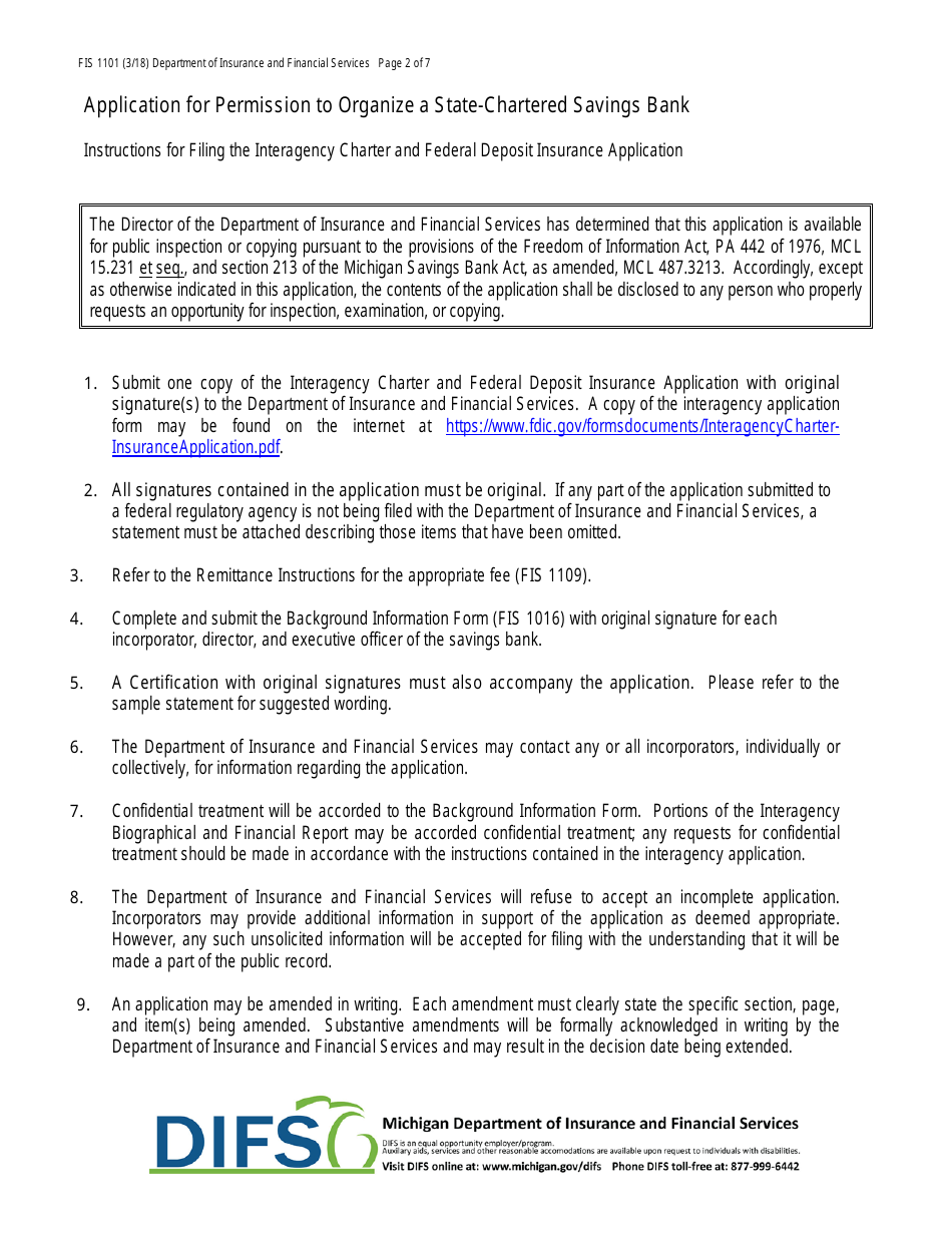 Form FIS1101 Application for Permission to Organize a State-Chartered Savings Bank - Michigan, Page 2