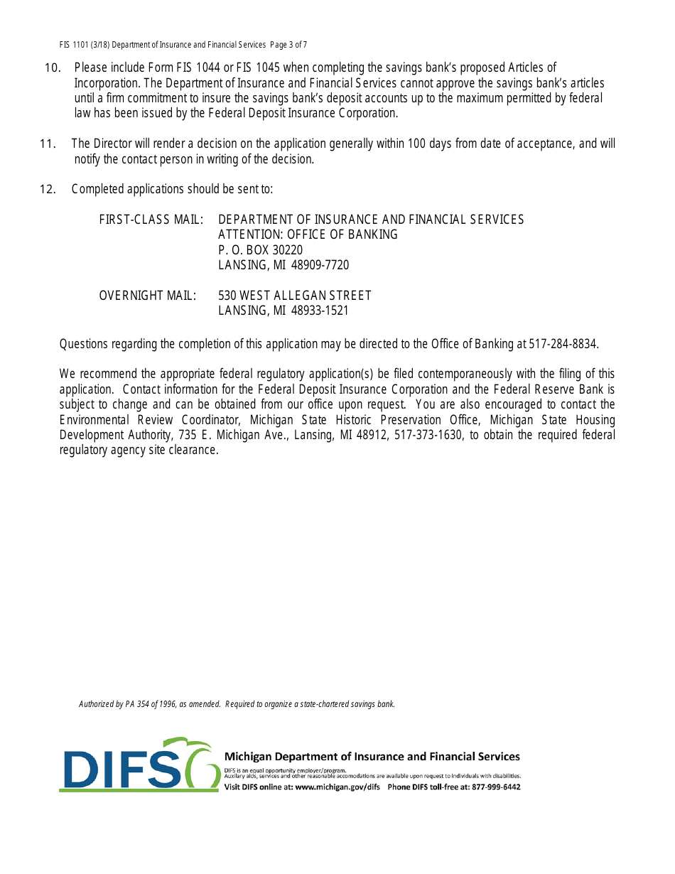 Form FIS1101 Application for Permission to Organize a State-Chartered Savings Bank - Michigan, Page 3