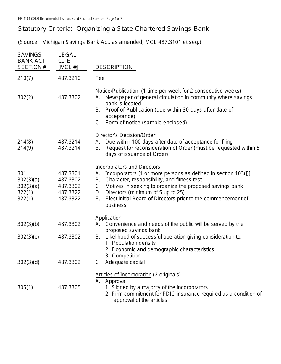 Form FIS1101 Application for Permission to Organize a State-Chartered Savings Bank - Michigan, Page 4