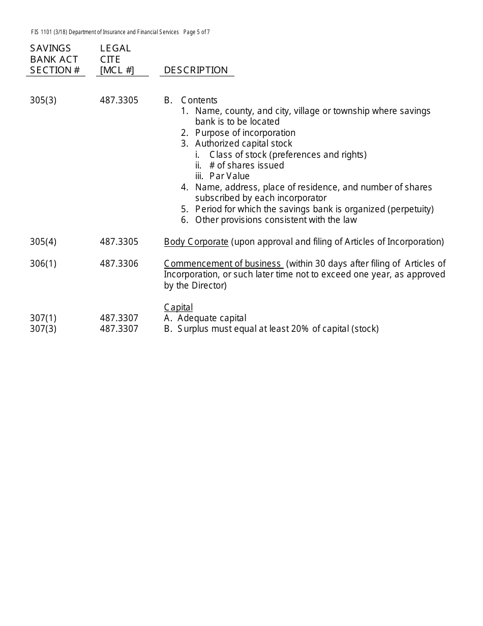 Form FIS1101 Application for Permission to Organize a State-Chartered Savings Bank - Michigan, Page 5