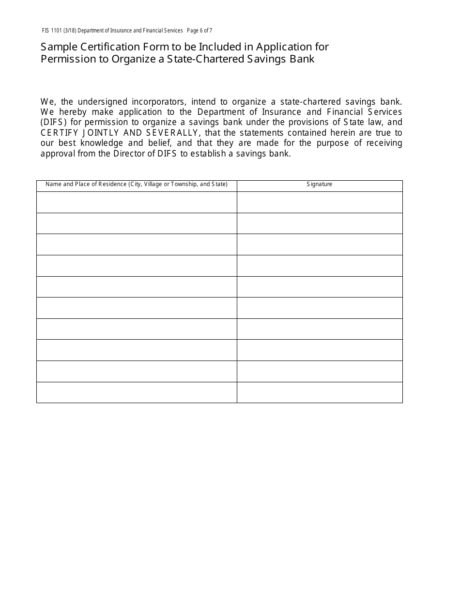Form FIS1101 Application for Permission to Organize a State-Chartered Savings Bank - Michigan, Page 6