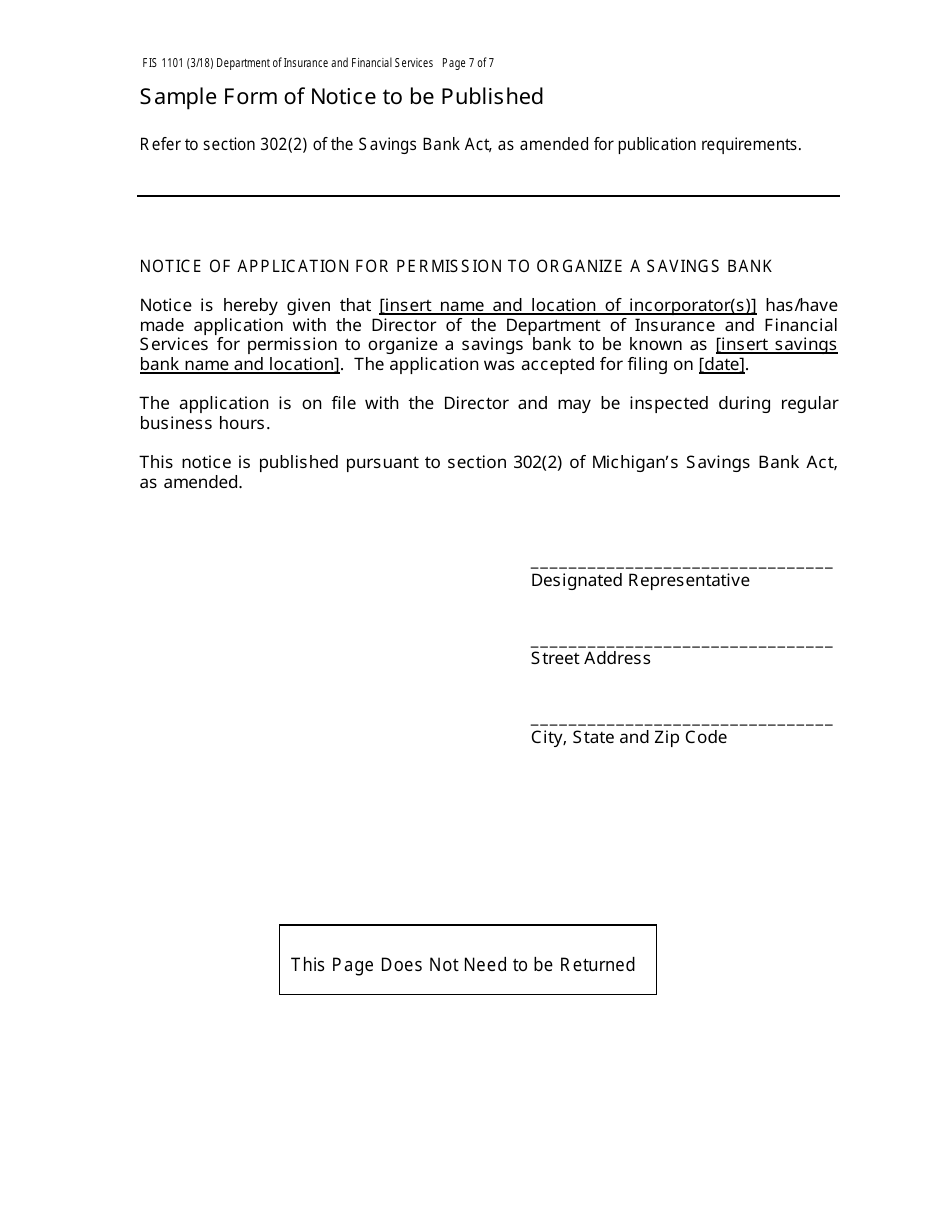 Form FIS1101 Application for Permission to Organize a State-Chartered Savings Bank - Michigan, Page 7