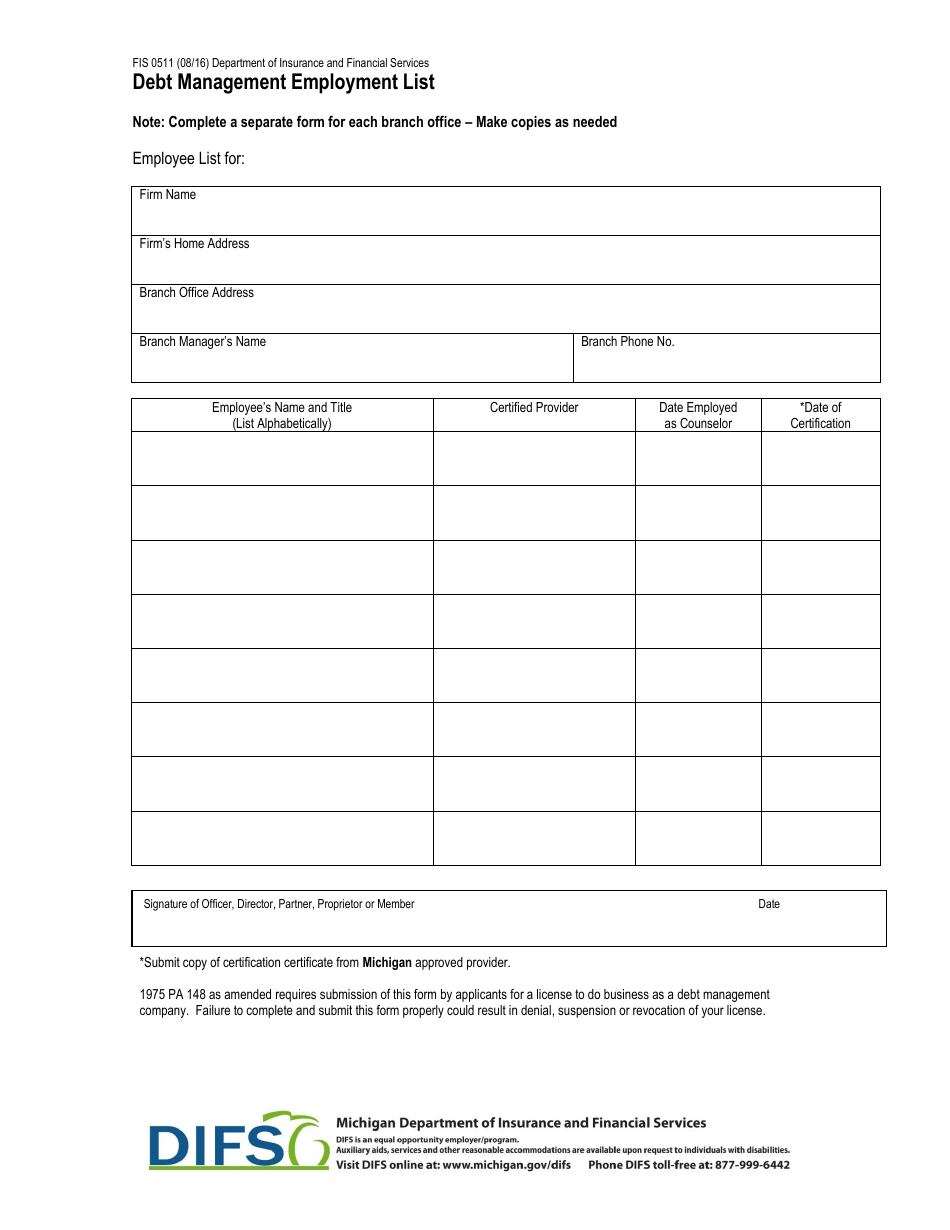 Form FIS0511 Debt Management Employment List - Michigan, Page 1