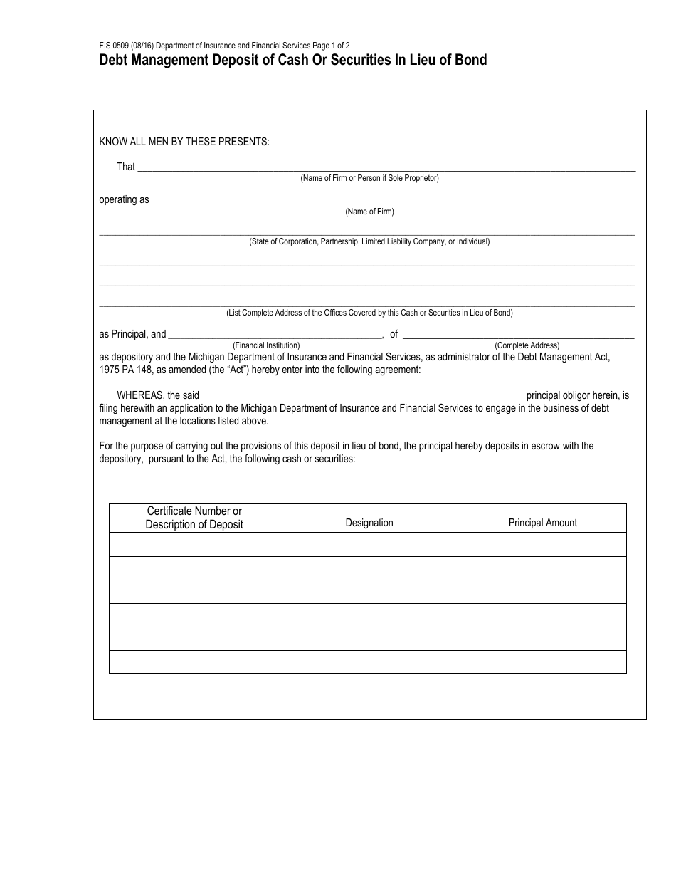 Form FIS0509 Debt Management Deposit of Cash or Securities in Lieu of Bond - Michigan, Page 1