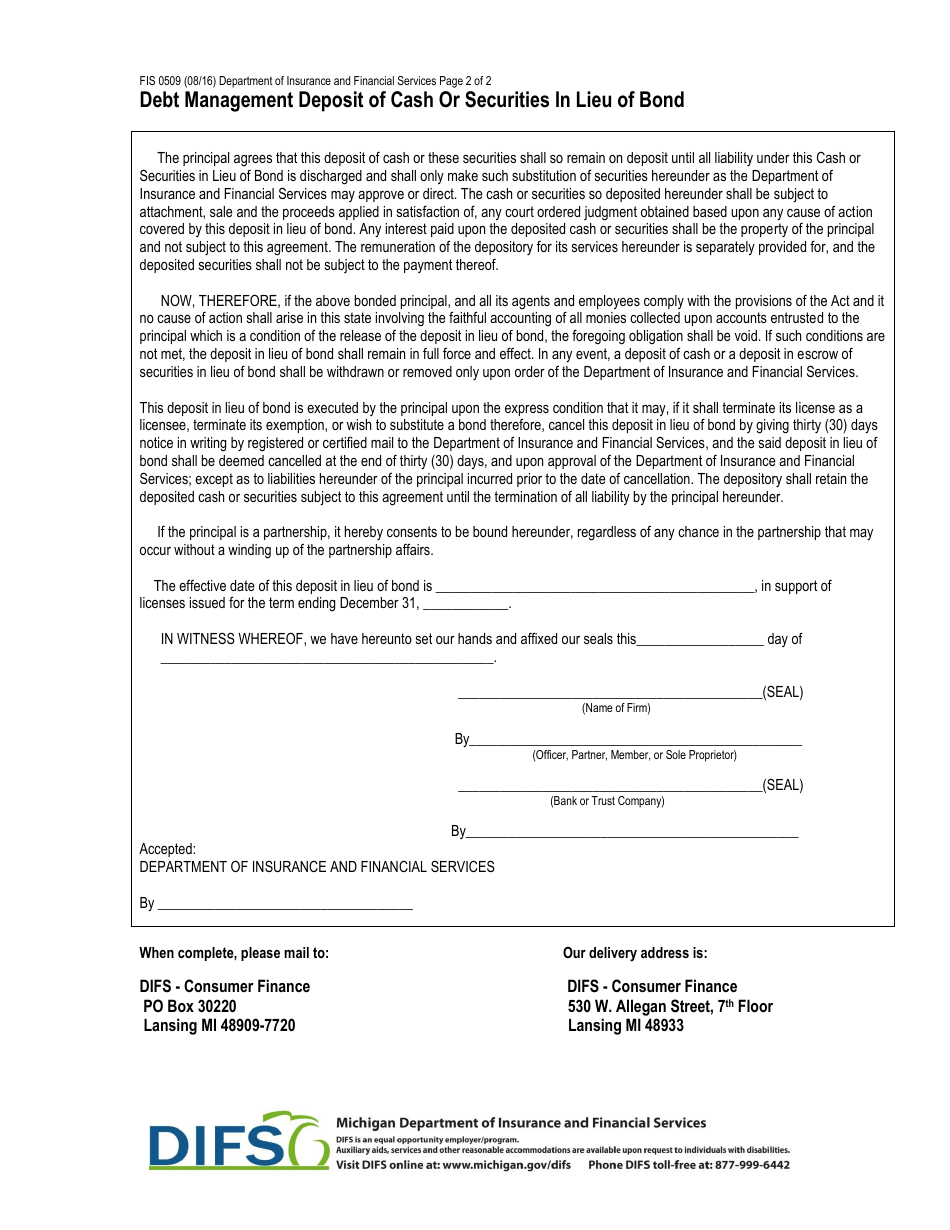 Form FIS0509 Debt Management Deposit of Cash or Securities in Lieu of Bond - Michigan, Page 2