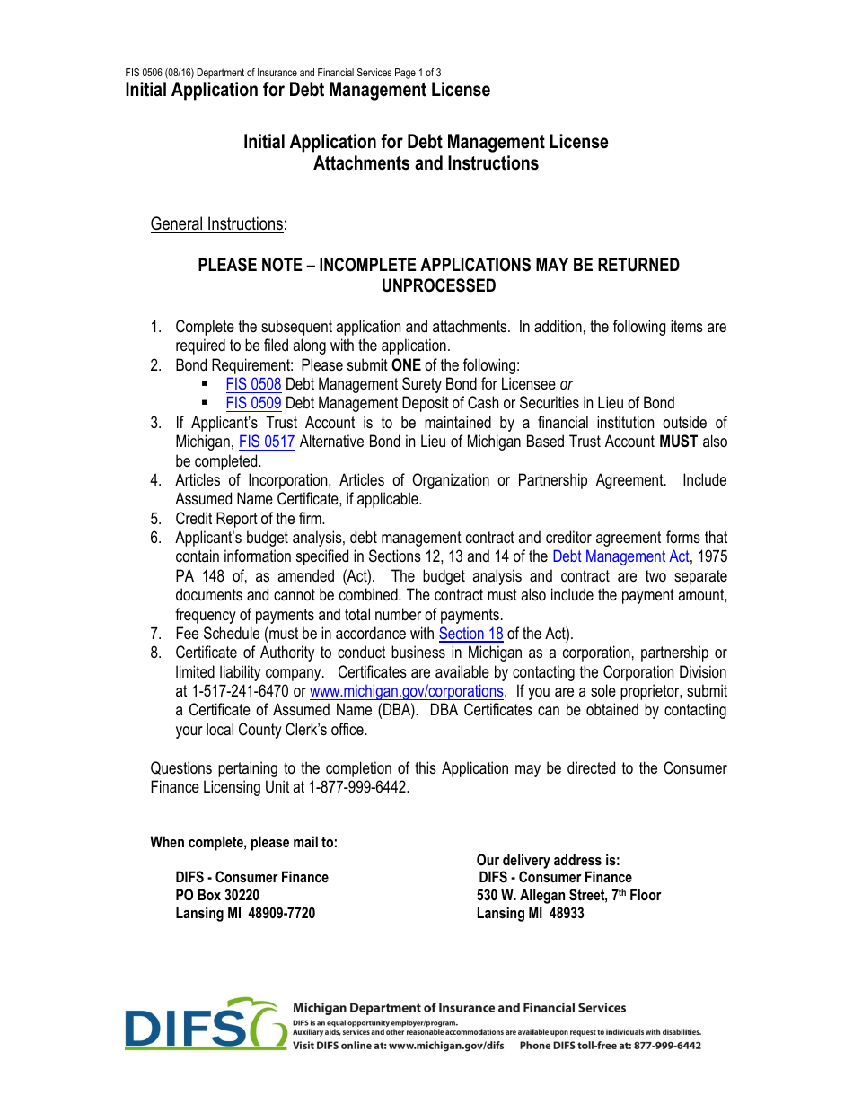 Form FIS0506 Initial Application for Debt Management License - Michigan, Page 1