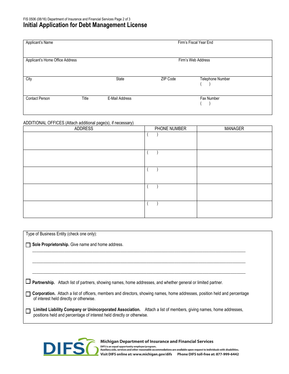 Form FIS0506 Initial Application for Debt Management License - Michigan, Page 2