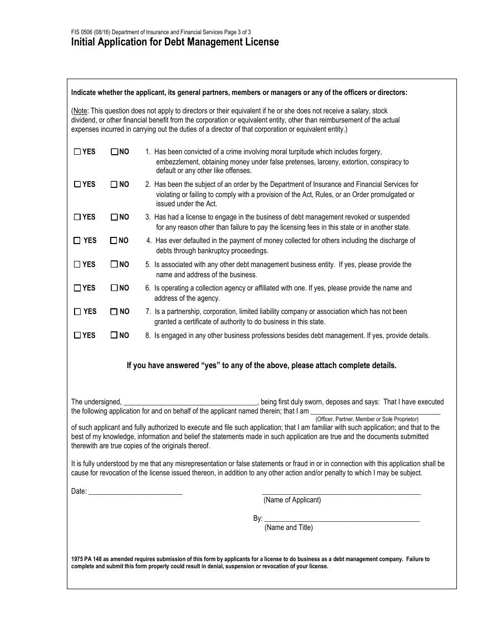 Form FIS0506 Initial Application for Debt Management License - Michigan, Page 3