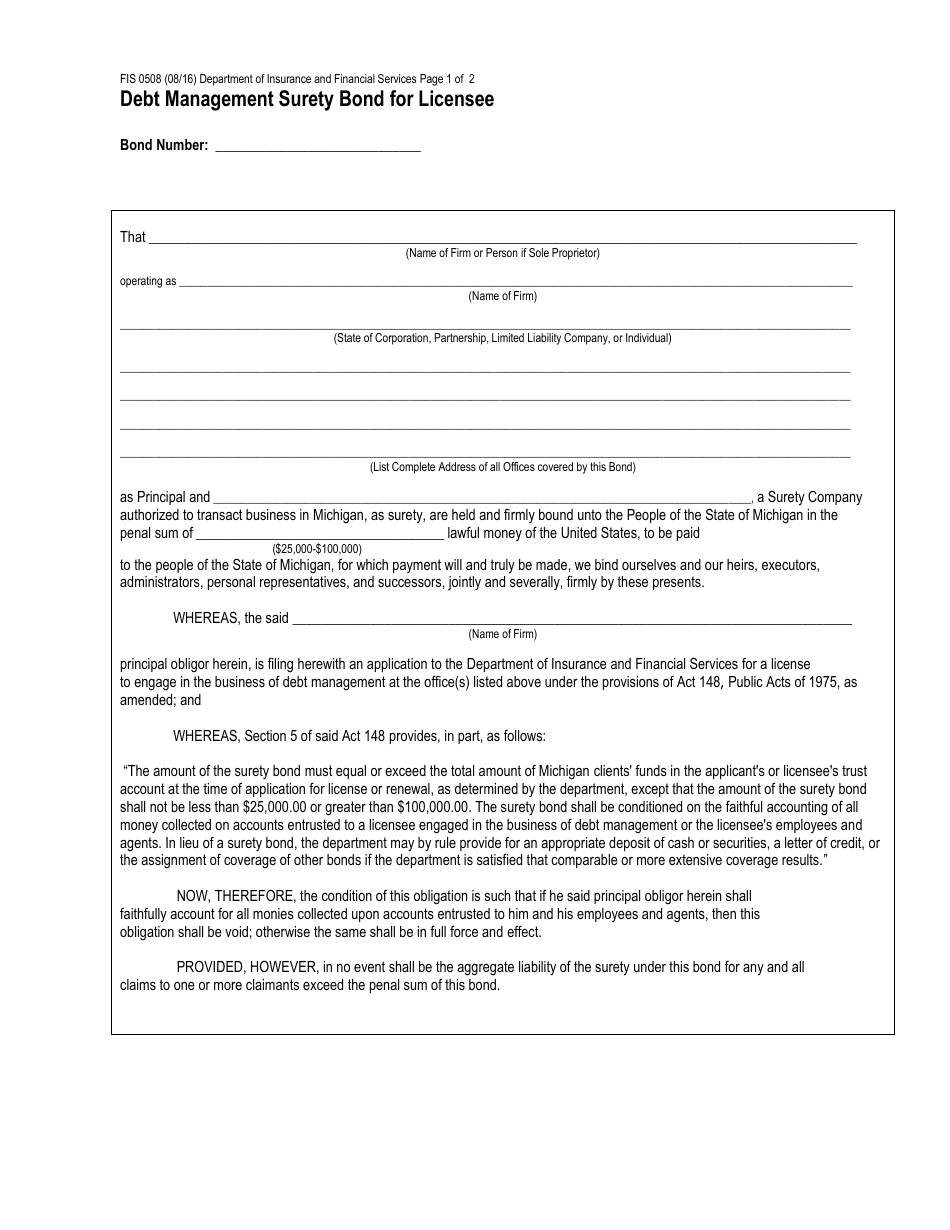Form FIS0508 Debt Management Surety Bond for Licensee - Michigan, Page 1