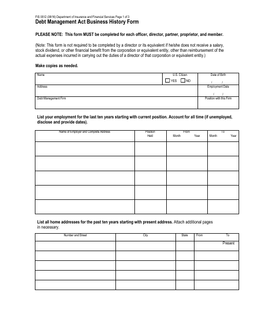Form FIS0512 Debt Management Act Business History Form - Michigan