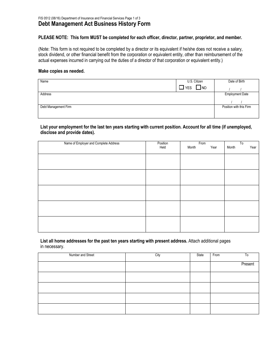 Form FIS0512 Debt Management Act Business History Form - Michigan, Page 1