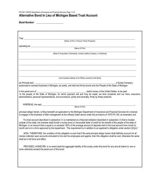 Form FIS0517 Alternative Bond in Lieu of Michigan Based Trust Account - Michigan