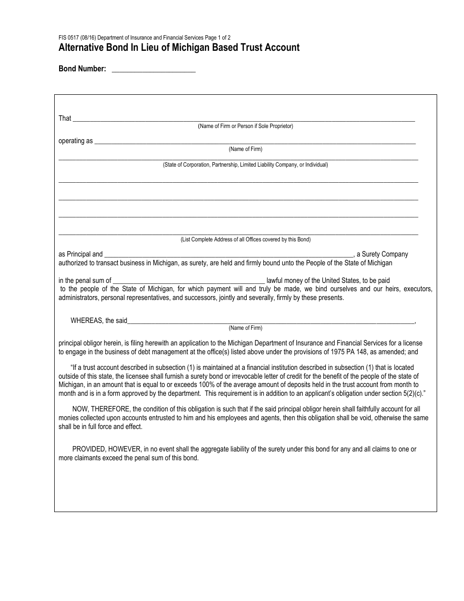 Form FIS0517 Alternative Bond in Lieu of Michigan Based Trust Account - Michigan, Page 1