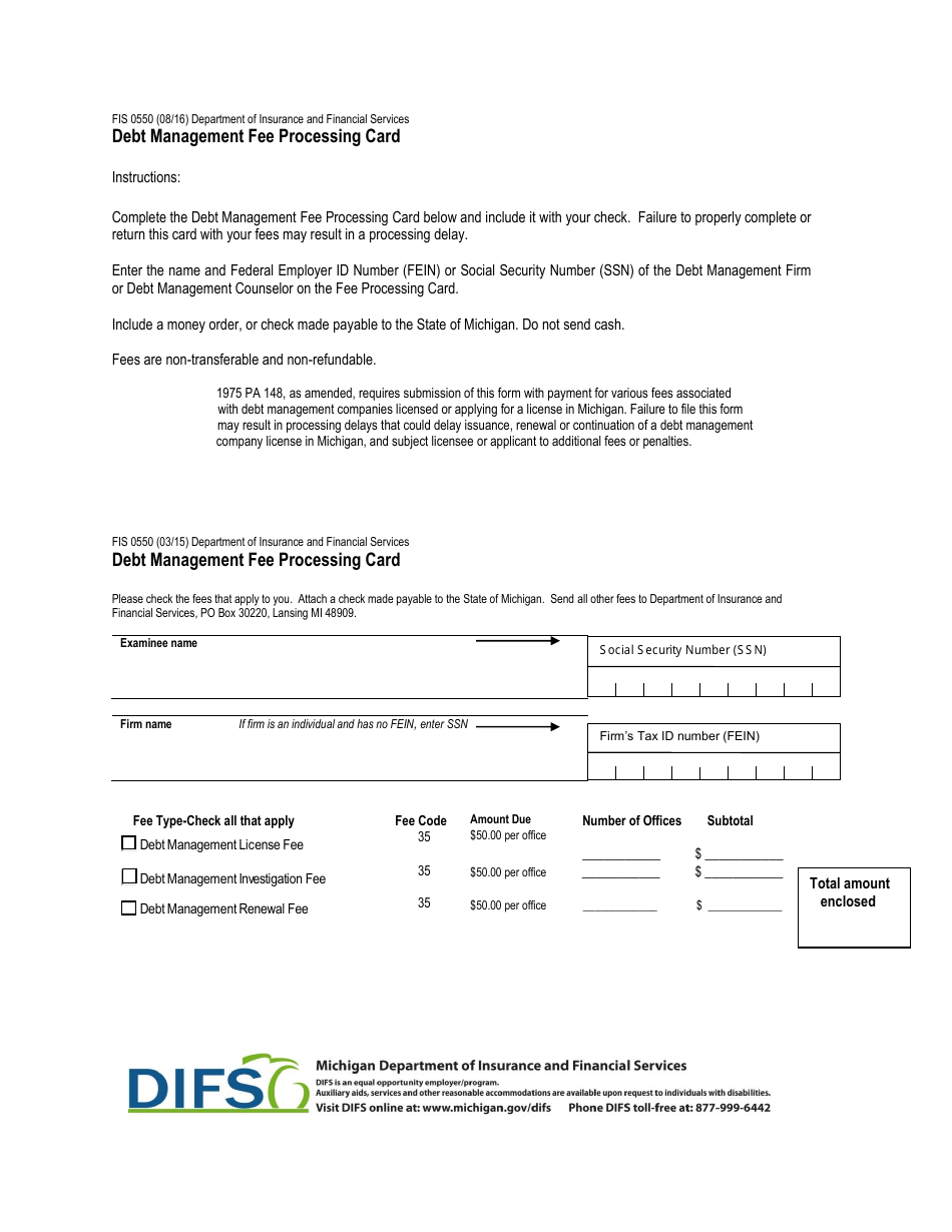 Form FIS0550 Debt Management Fee Processing Card - Michigan, Page 1