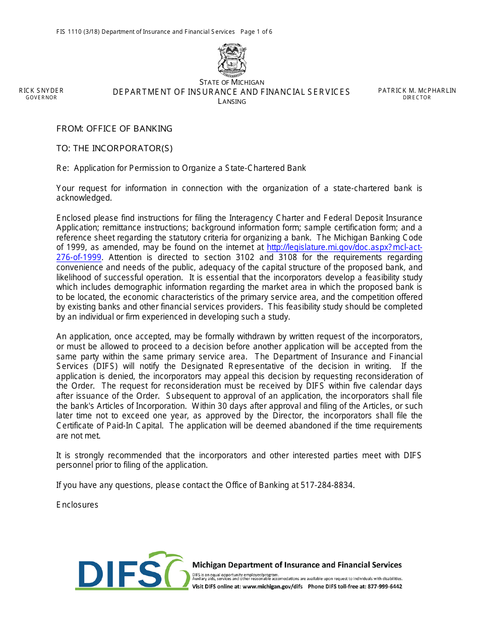 Form FIS1110 Application for Permission to Organize a State-Chartered Bank - Michigan, Page 1