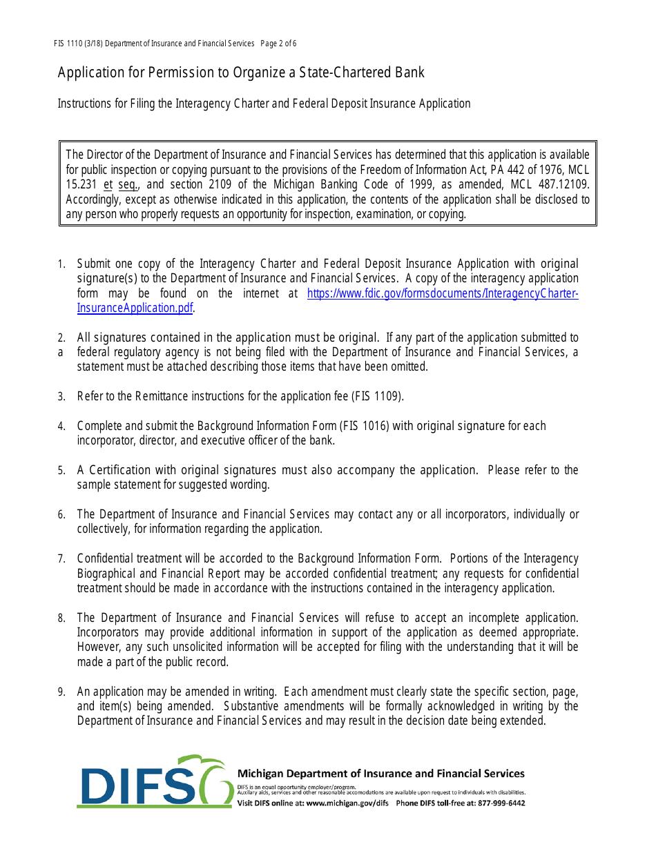 Form FIS1110 Application for Permission to Organize a State-Chartered Bank - Michigan, Page 2