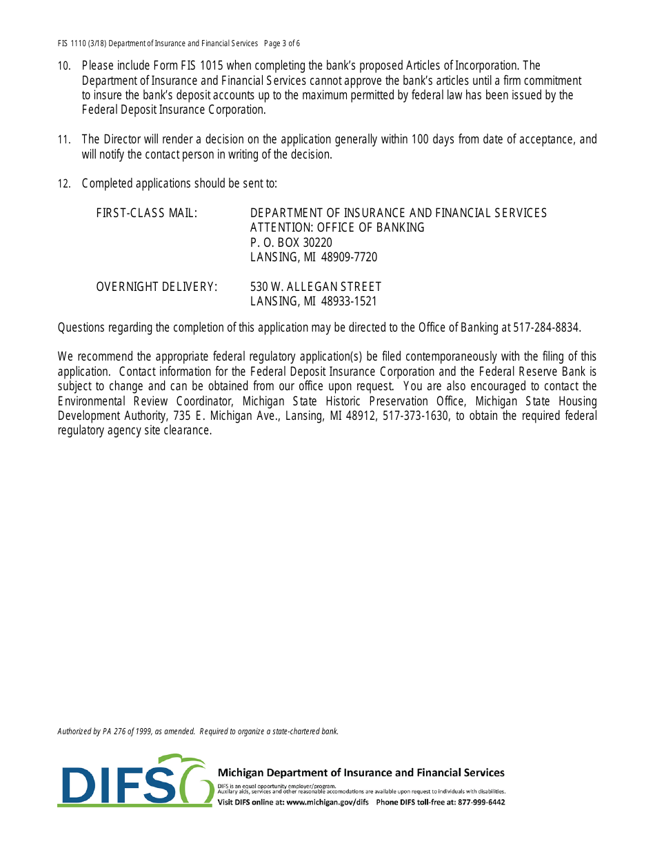 Form FIS1110 Application for Permission to Organize a State-Chartered Bank - Michigan, Page 3