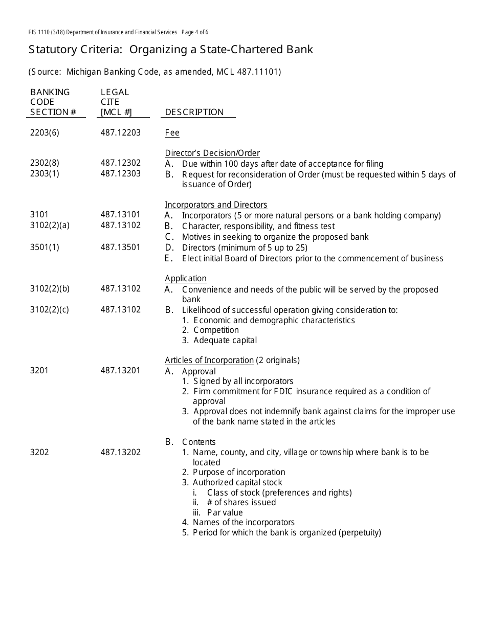 Form FIS1110 Application for Permission to Organize a State-Chartered Bank - Michigan, Page 4
