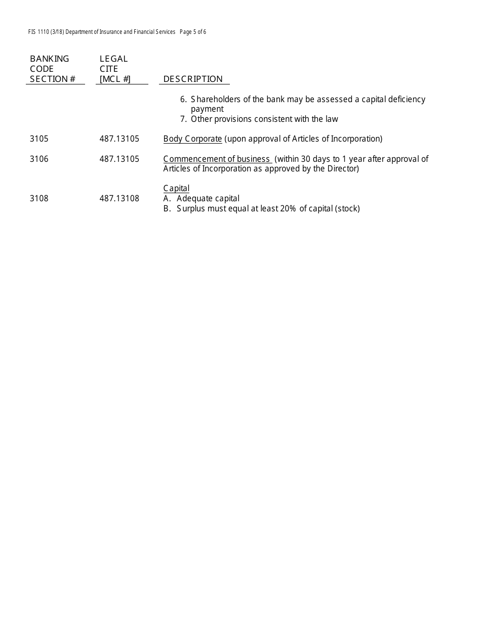 Form FIS1110 Application for Permission to Organize a State-Chartered Bank - Michigan, Page 5