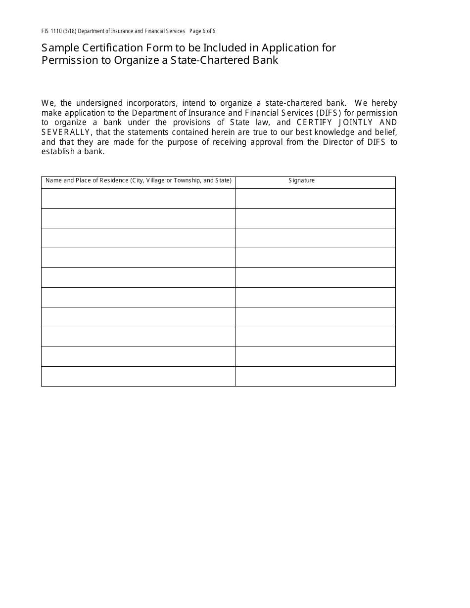 Form FIS1110 Application for Permission to Organize a State-Chartered Bank - Michigan, Page 6