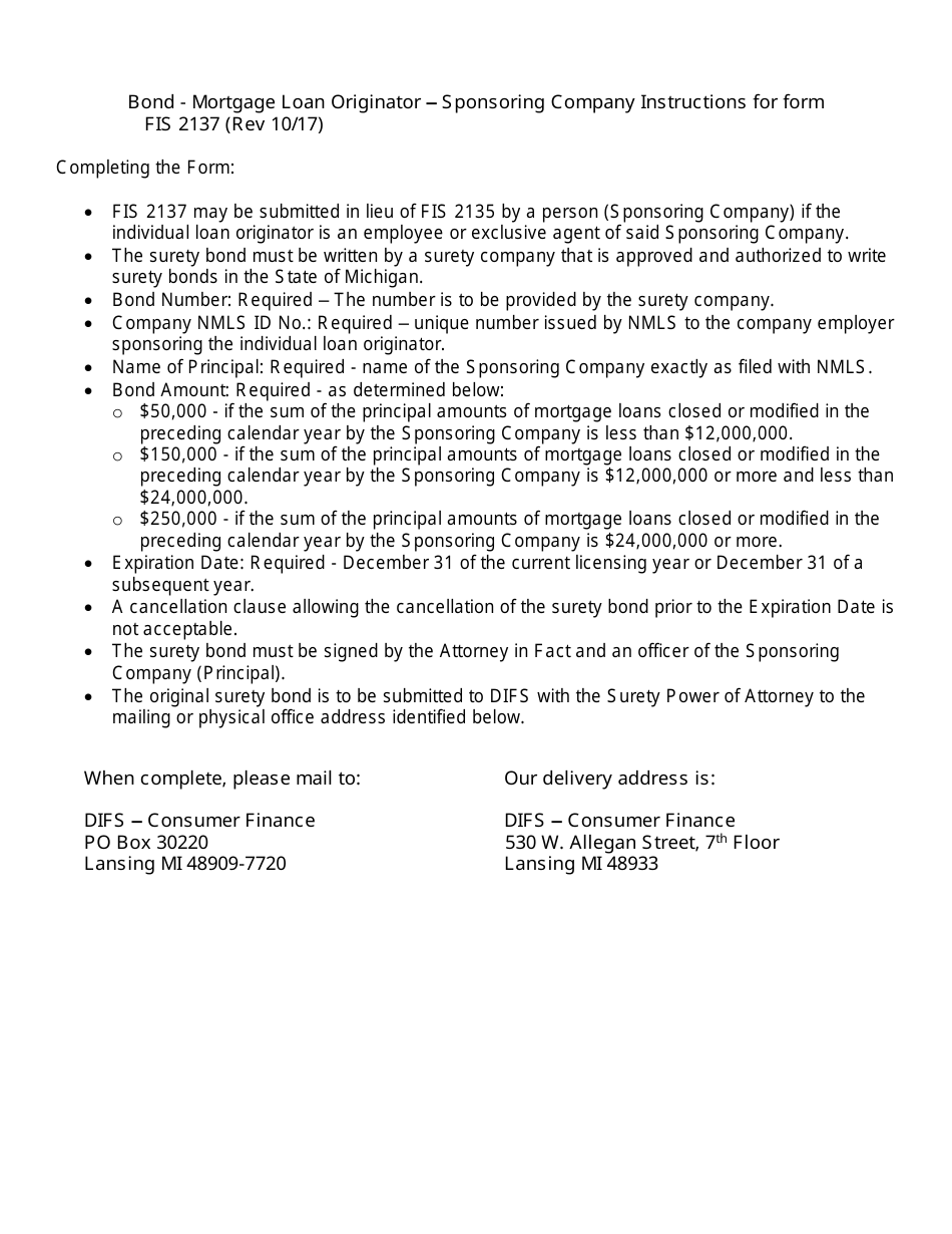 Form FIS2137 Bond - Mortgage Loan Originator - Company - Michigan, Page 1